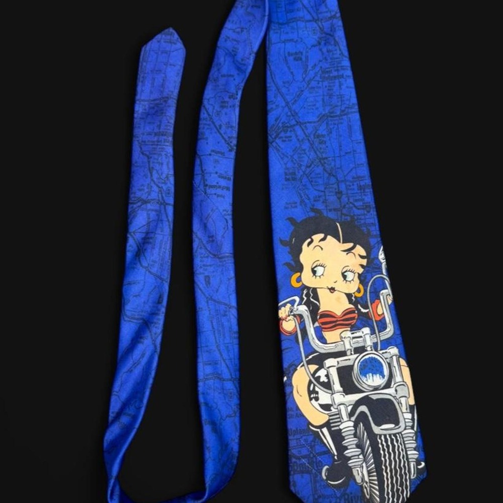 Vintage 1993 Ralph Marlin Betty Boop EZ Rider Motorcycle LA Map Blue Tie 90s